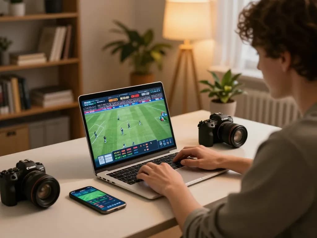 Betting on MMOO through a laptop during a live sports event with warm cozy home setting