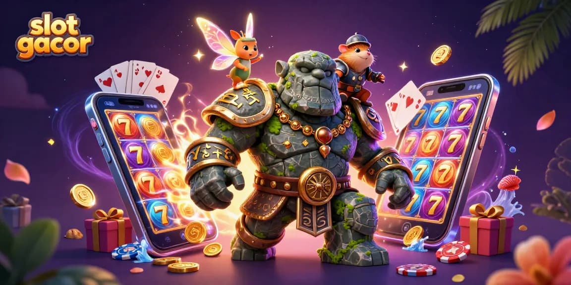 Menangkan jackpot slot gacor dengan golem ajaib dan ksatria hamster yang berani dalam ilustrasi kasino menawan.