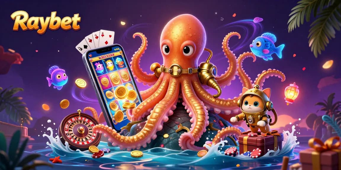 Raybet immerses you in a vibrant gambling experience with a kraken and diving cat amidst dynamic casino elements.