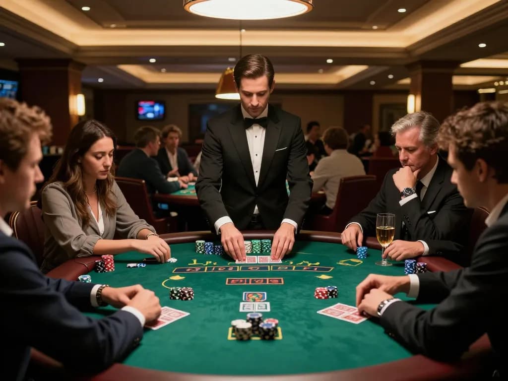 LGOGOAL at a blackjack table with players engaged in strategic gameplay and colorful chips in play
