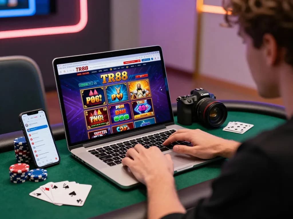 Player immersed in TR88 online casino gaming experience with vibrant interface.