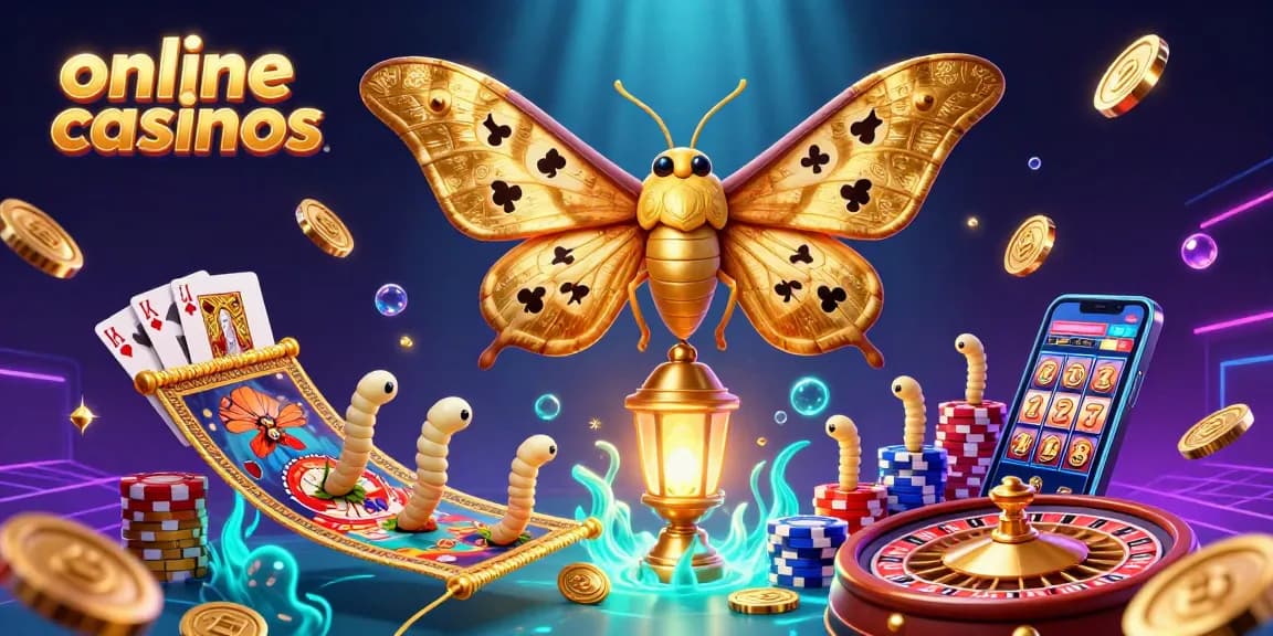 Experience the thrill of online casinos with a vibrant illustration of a 3D atlas moth amidst casino elements.