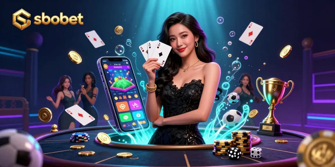 Experience sbobet online betting excitement as an elegant woman showcases betting cards amidst sports symbols.