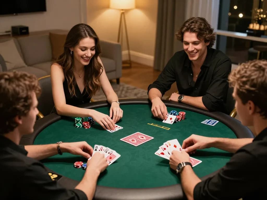 Friends enjoying a friendly poker game at home, highlighting strategic gameplay with TO288.