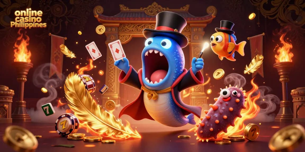 Experience the magic at online casino Philippines with a vibrant 3D illustration featuring enchanting characters and gambling symbols.