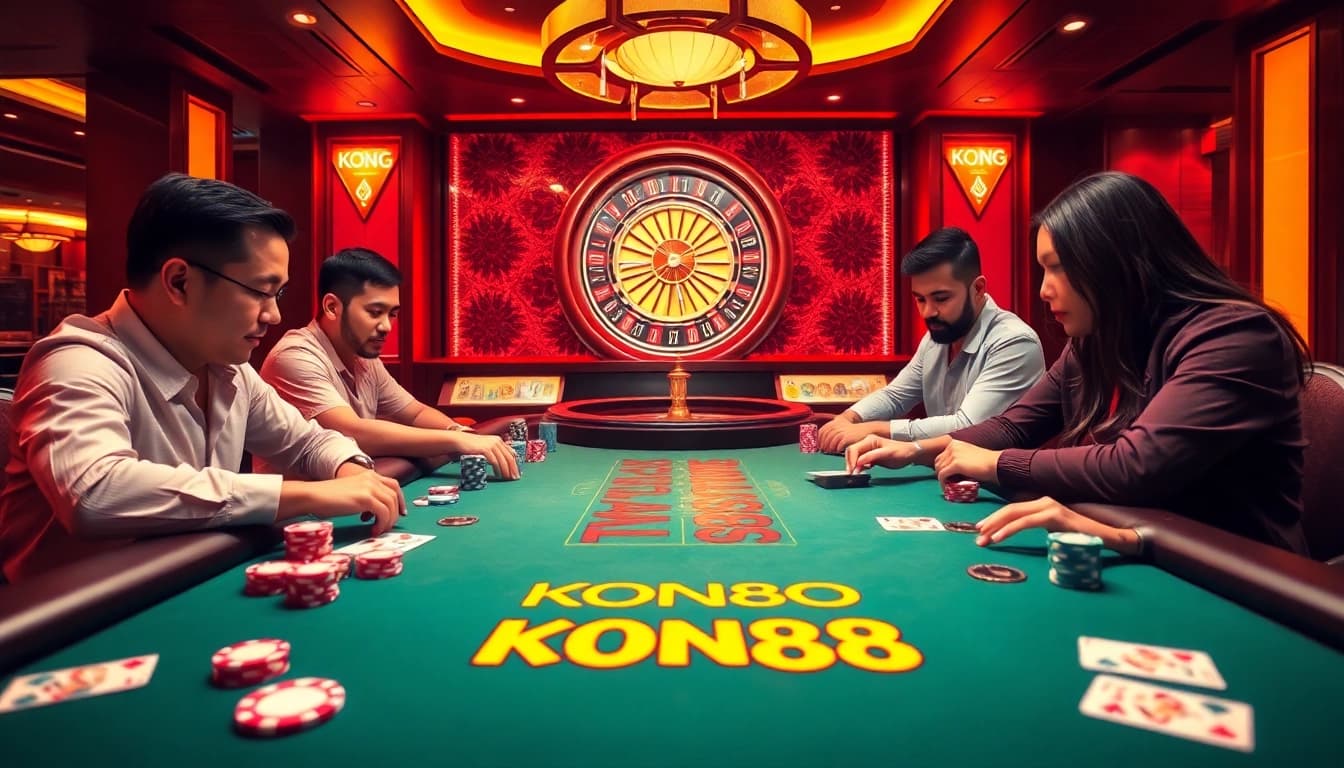 KONG88 high-stakes poker game with colorful chips and intense focus by players.