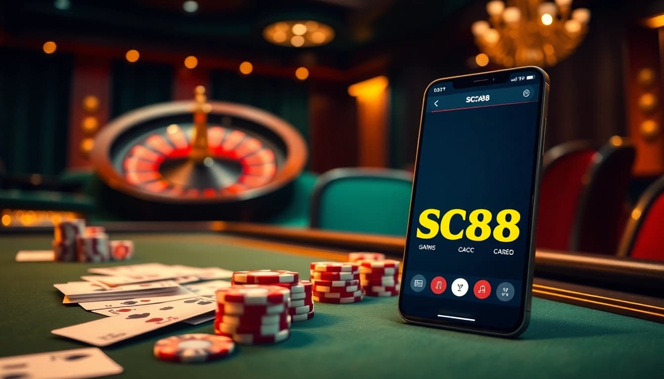 Engage in SC88 cá cược with a luxurious casino experience featuring poker and a roulette wheel.