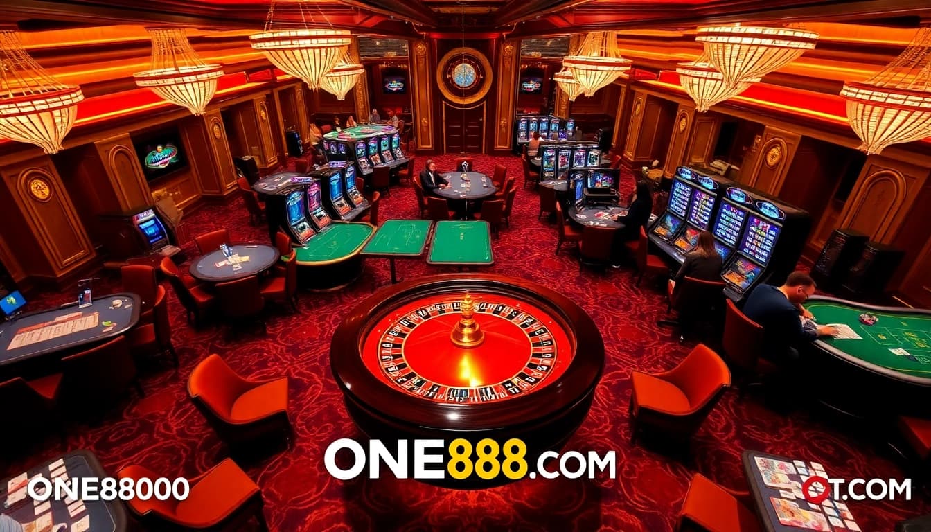 Experience the excitement at ONE88ZA.COM casino with vibrant tables, chips, and a roulette wheel.