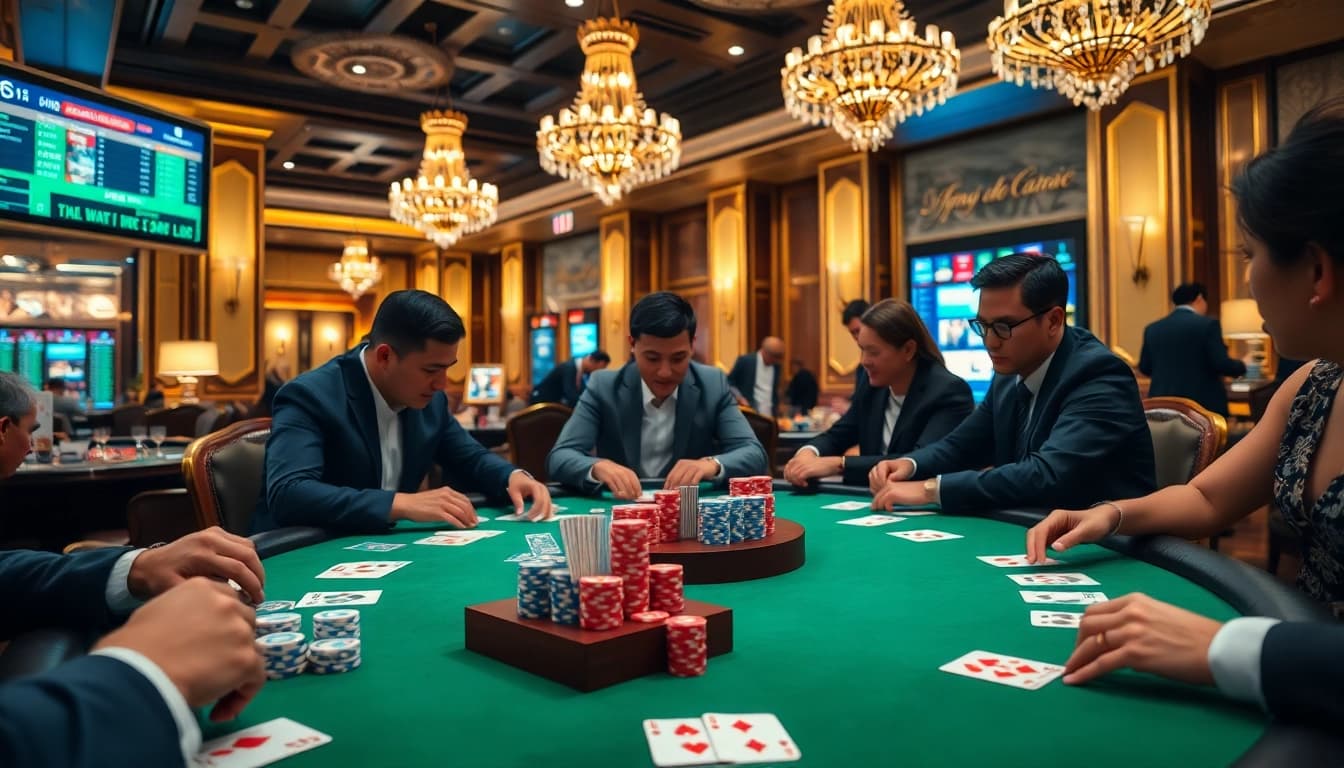 Players strategizing in high-stakes Game Bài Sâm Lốc at a luxurious casino table.