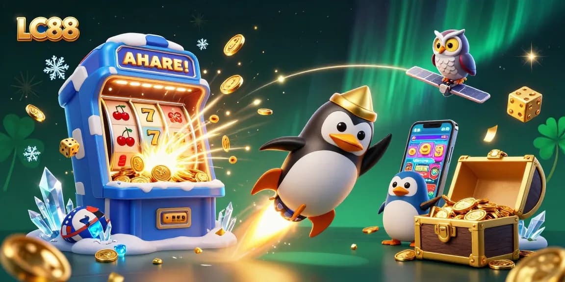 LC88 engages players with a colorful casino scene featuring a golden penguin and jackpots.