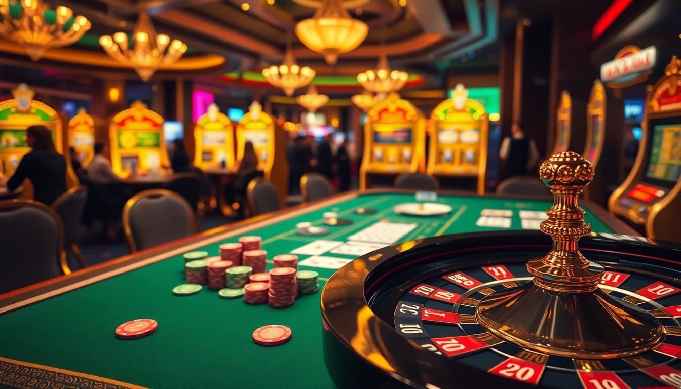 Players engaging in thrilling casino games at dn88, surrounded by lively atmosphere and vibrant decor.