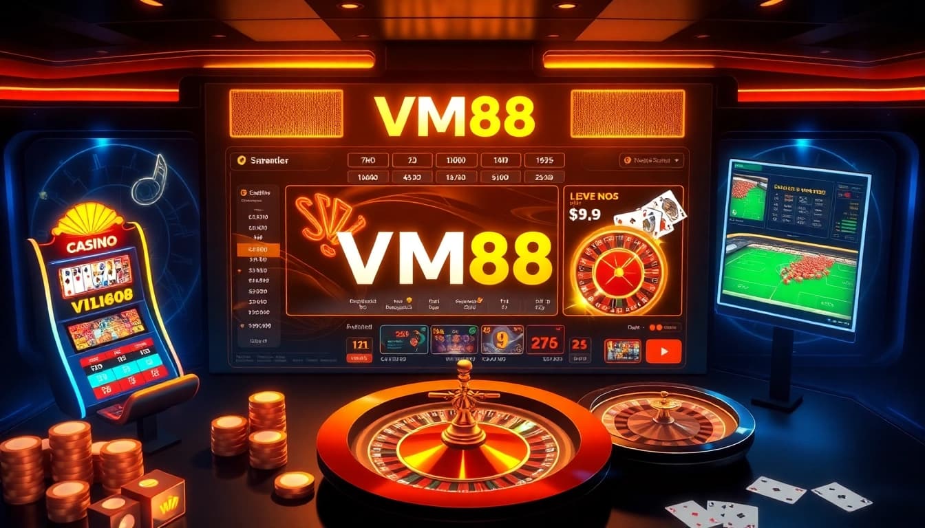 VM88 online casino interface showcasing dynamic poker tables and betting chips in a professional gambling setting