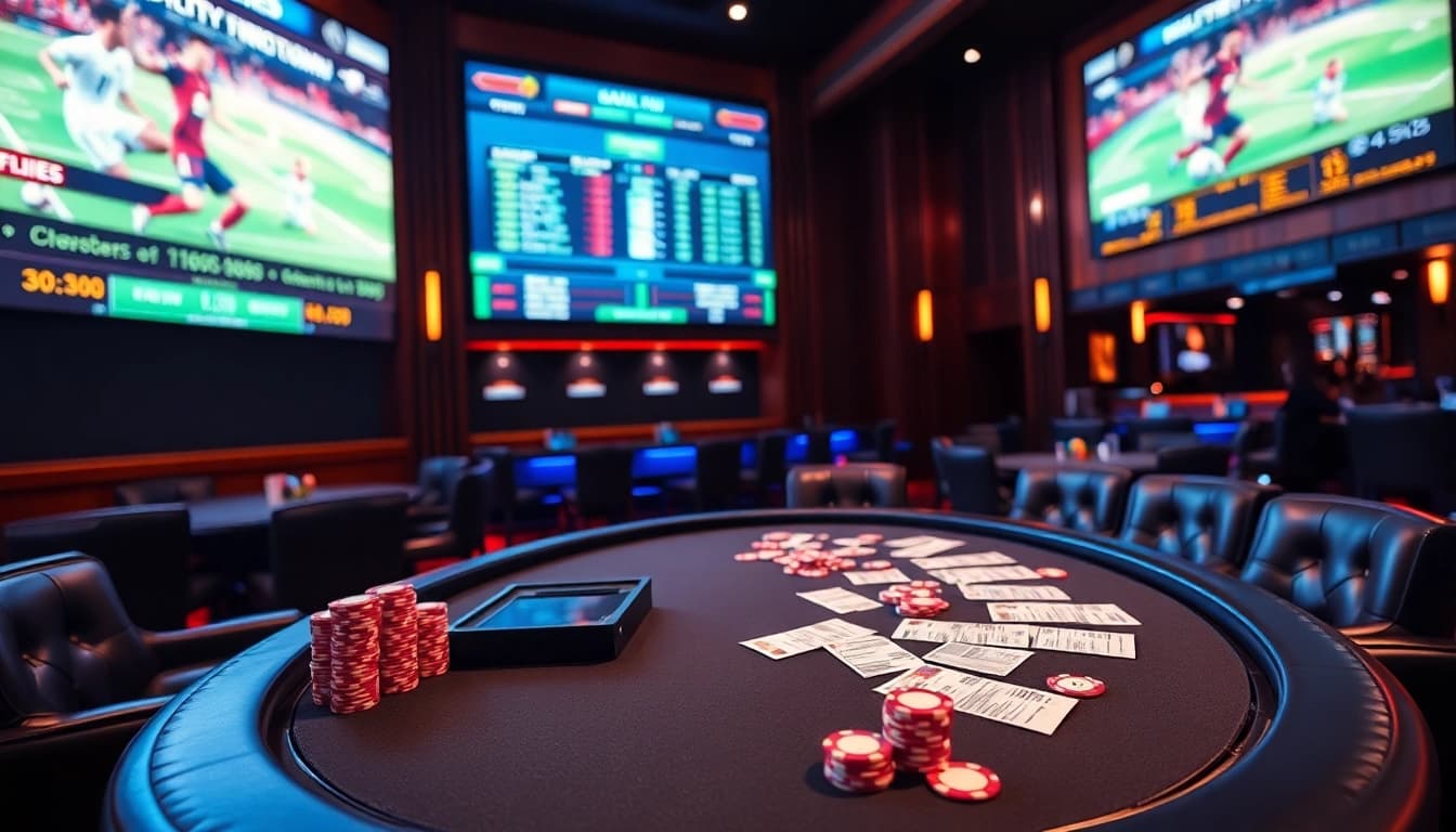 A thrilling Judi Bola Resmi experience at a luxurious sportsbook with live soccer match screens and vibrant betting interfaces.