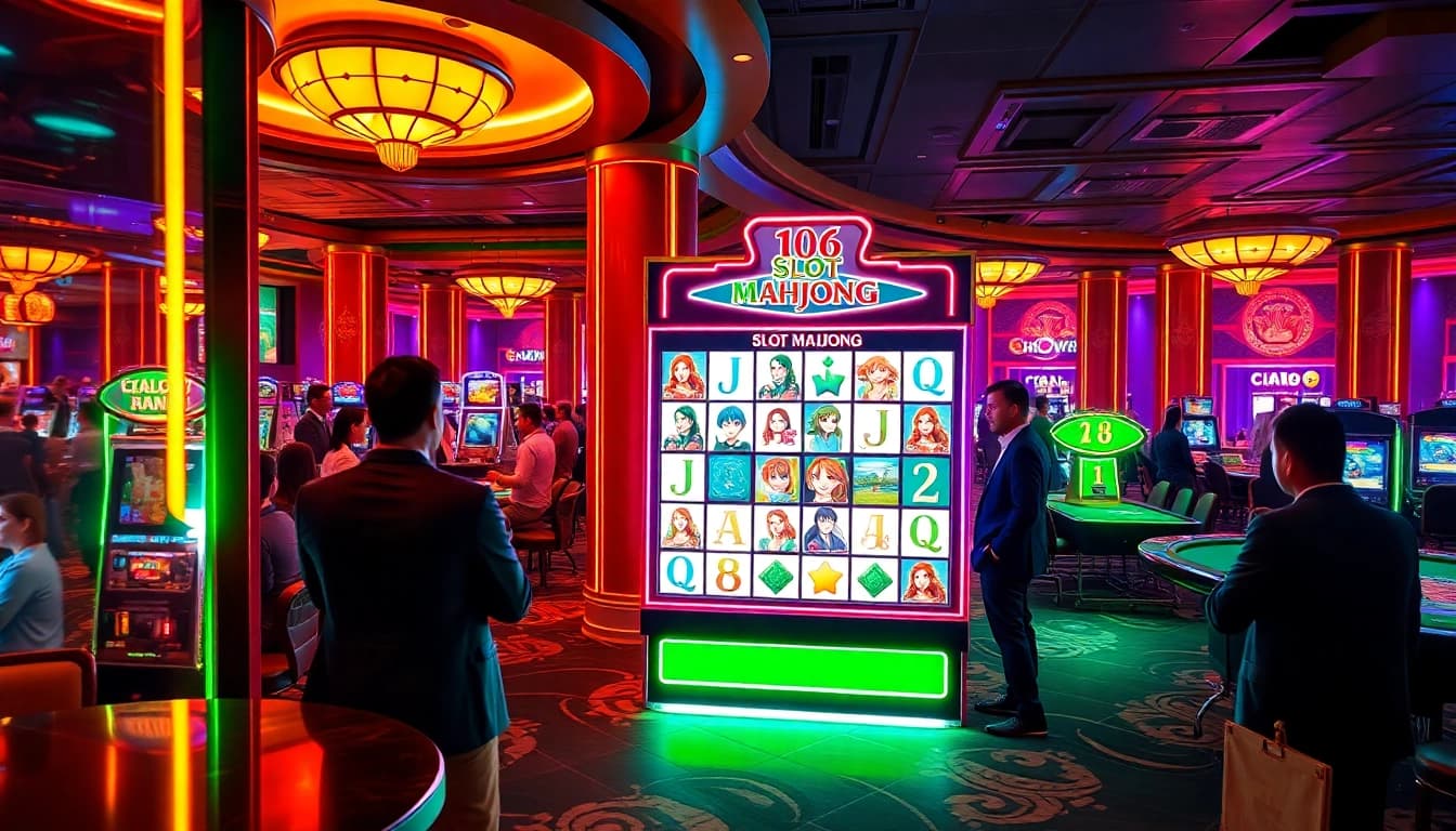 Experience the thrill of Slot Mahjong in a vibrant casino setting with engaged players.