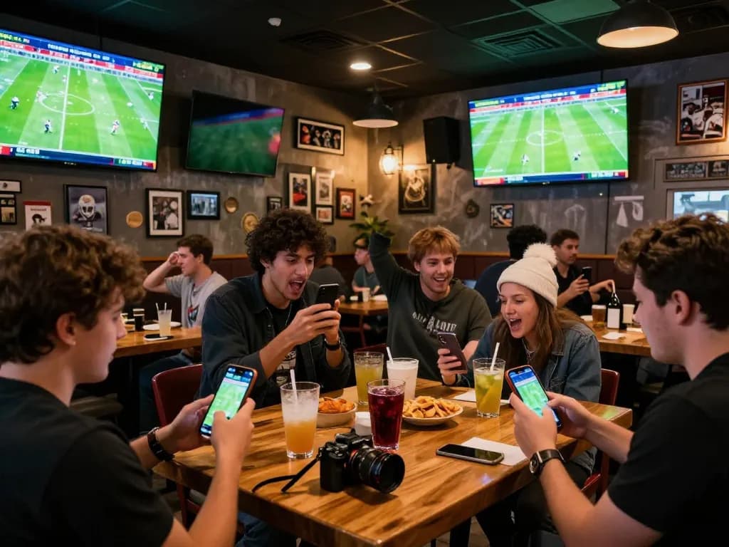 Patrons enjoying sports betting on their smartphones at a lively venue, featuring cacuocbongda for the latest odds.