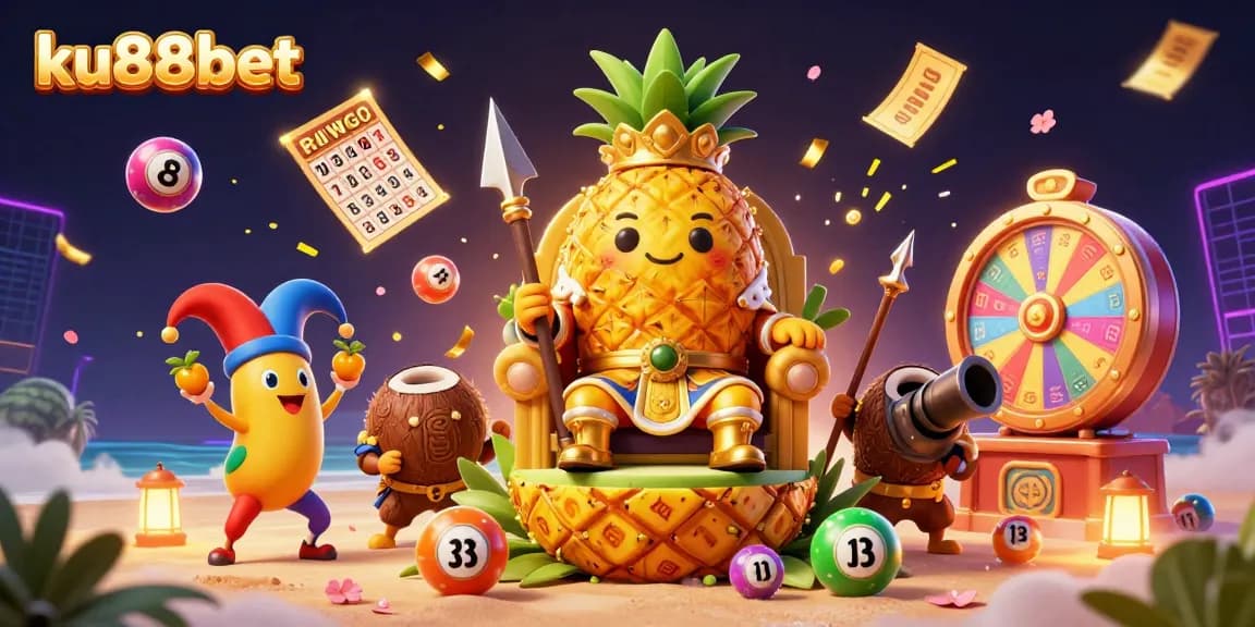 Engage with ku88bet's beach casino fantasy showcasing a golden pineapple king, lively characters, and dynamic game elements.