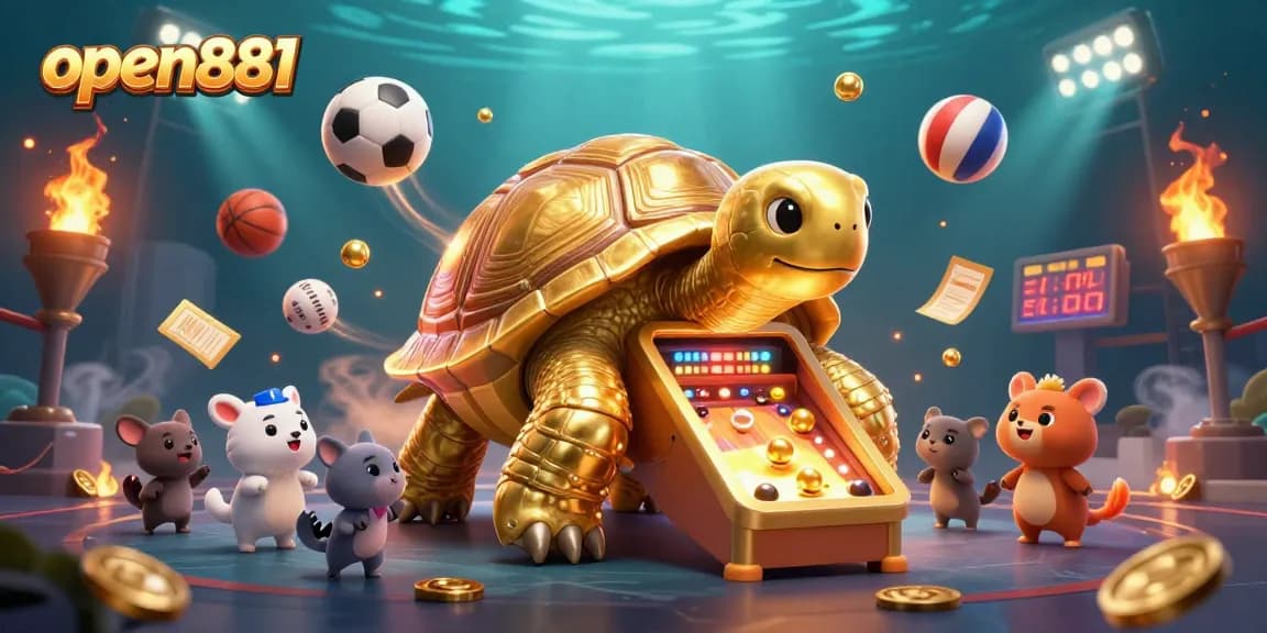 Engage with thrilling games at open881 featuring an exciting 3D casino illustration with sports and gambling elements.