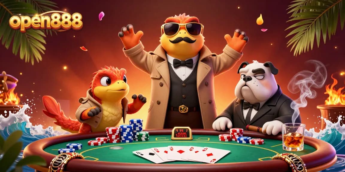 Raptors in a trench coat attempting entry at a VIP casino lounge for open888, showcasing poker elements.