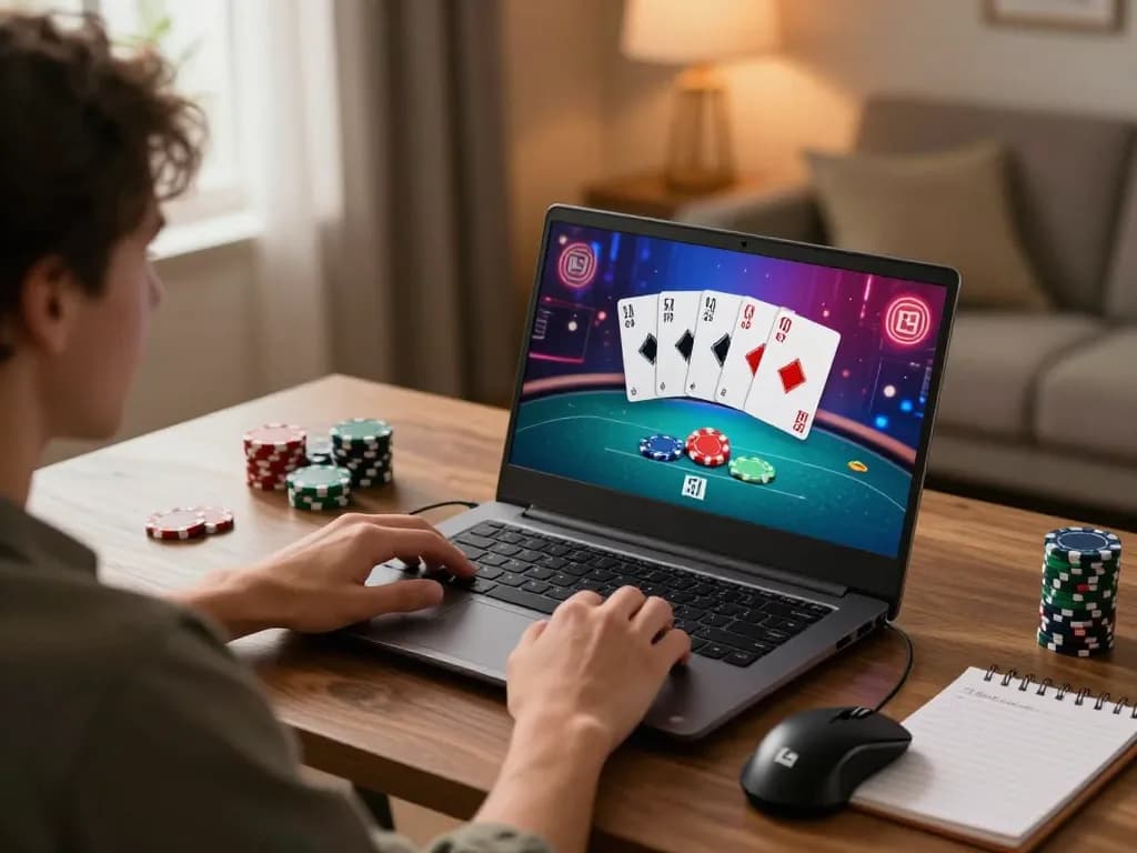 MPO08 player strategizing during intense online poker session at home.