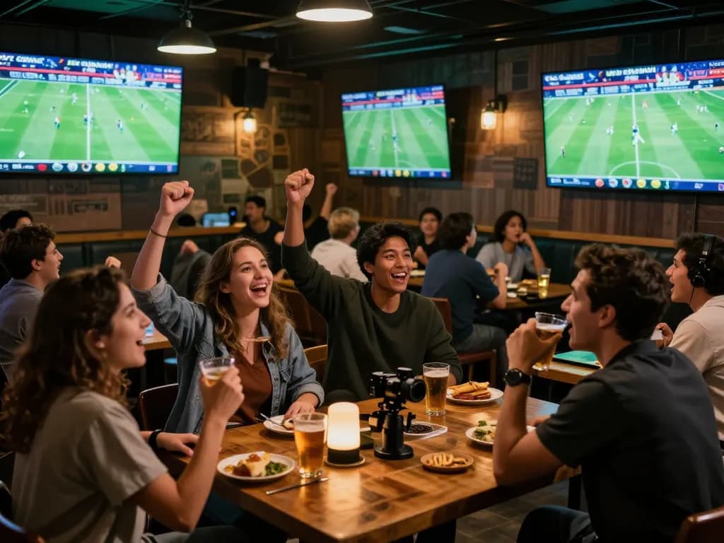 Fans cheering and enjoying footbal stream Cakhiatv at a lively sports bar during a football match.