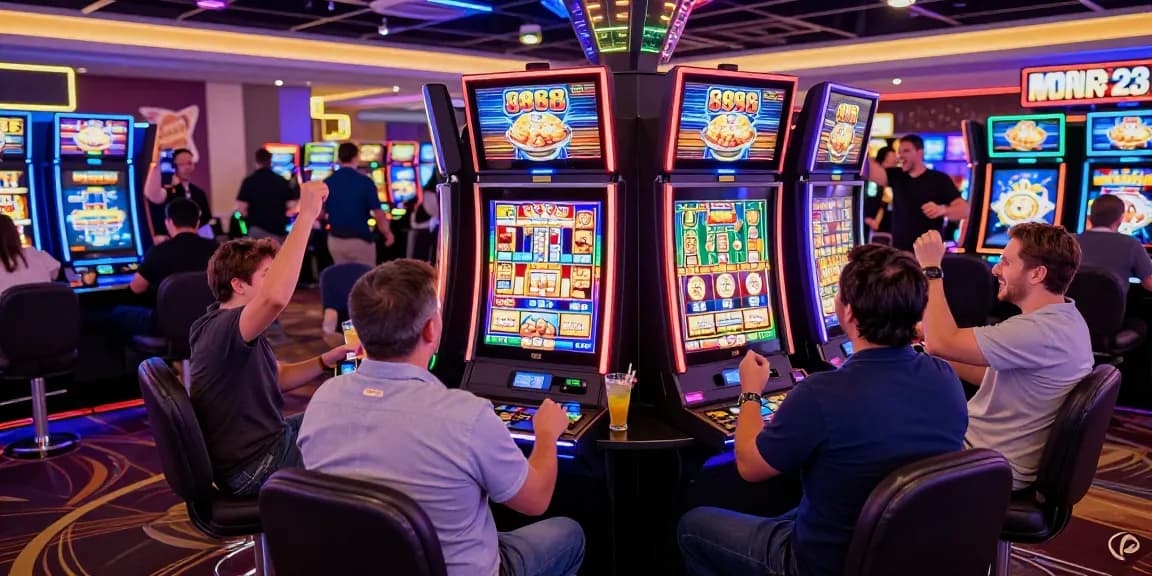 Pengunjung menikmati permainan 888 slots di kasino dengan suasana meriah dan lampu neon yang cerah.