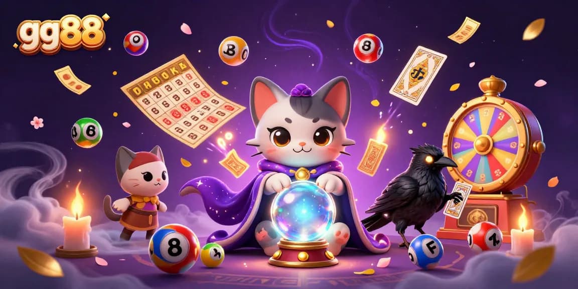 Engage with exciting gaming experiences at gg88 through a vibrant 3D illustration of fortune teller cat and lottery excitement.