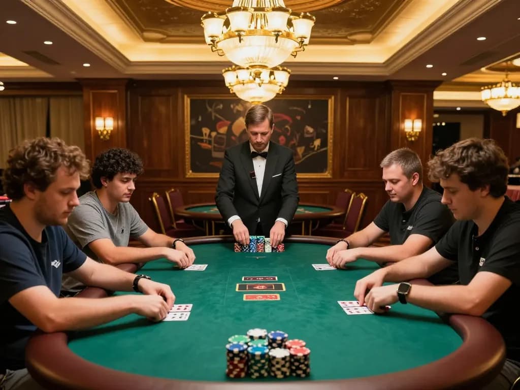 Players strategizing during an intense vipwin poker game with bright cards and chips in play.