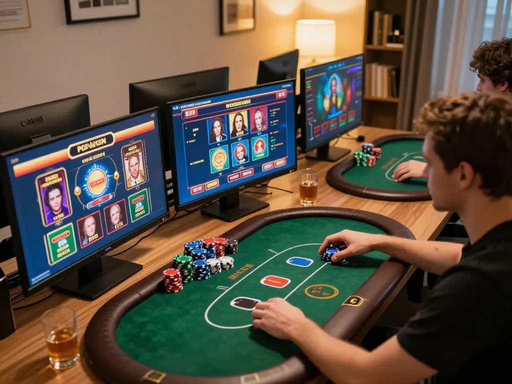 TRANG CHỦ 33WIN engaging online gaming scene with vibrant poker setup and colorful chips.
