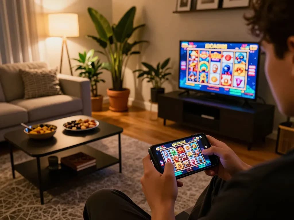 Player engaging with IDCASH88 mobile slots, showcasing excitement in a cozy home setting.