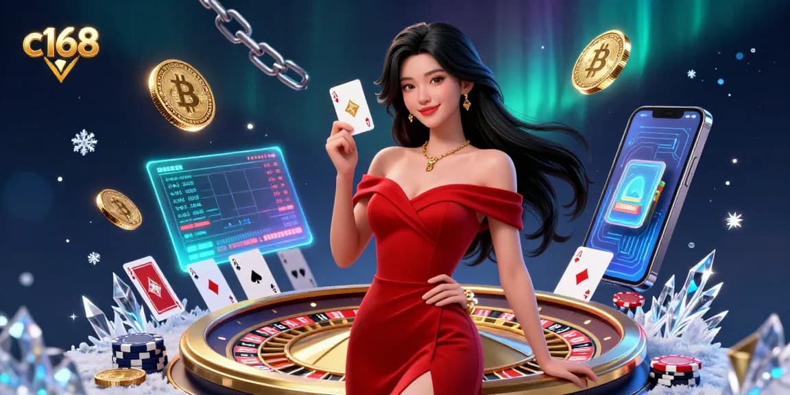 C168 showcases a confident young Asian woman holding a golden playing card beside a vibrant roulette wheel amidst dynamic cryptocurrency elements.