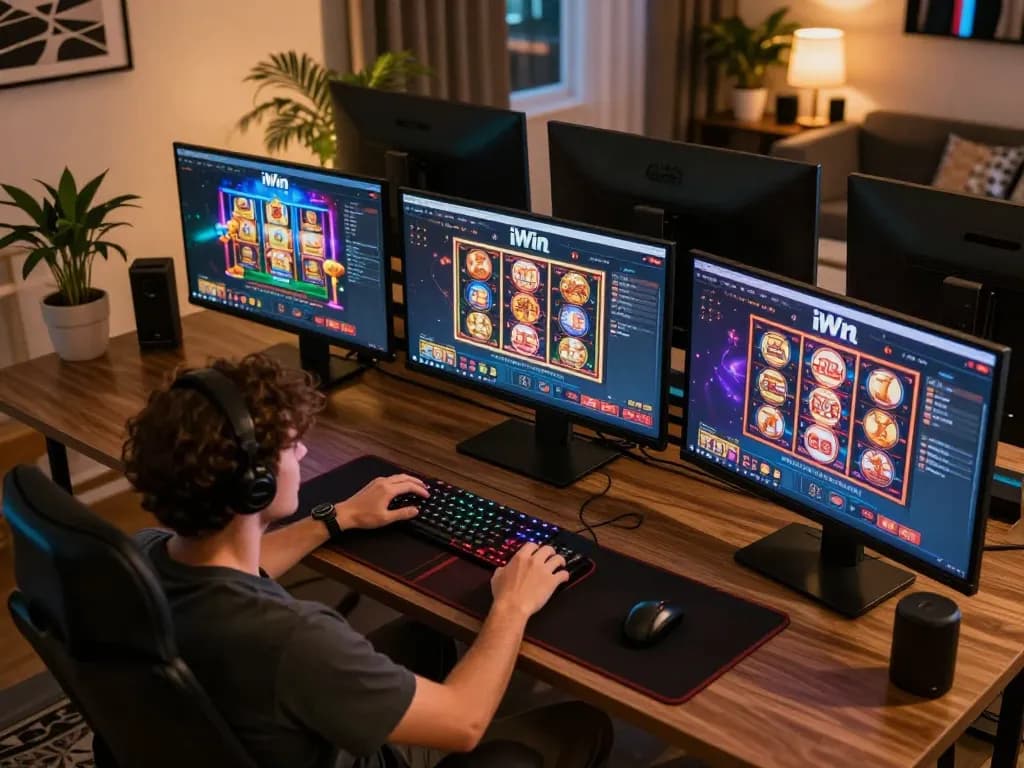 Engaged player enjoying iWin's online casino with vibrant slot games displayed on multiple screens.