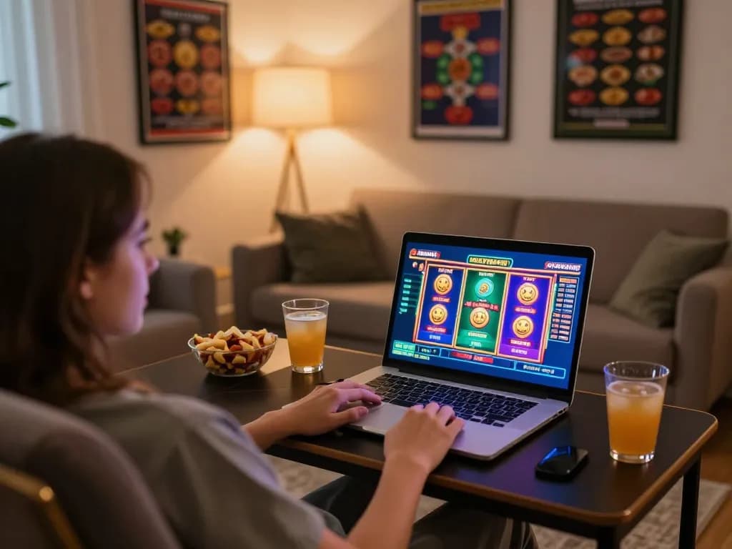 Nohu player enjoying an online slot game on a cozy home setup with snacks