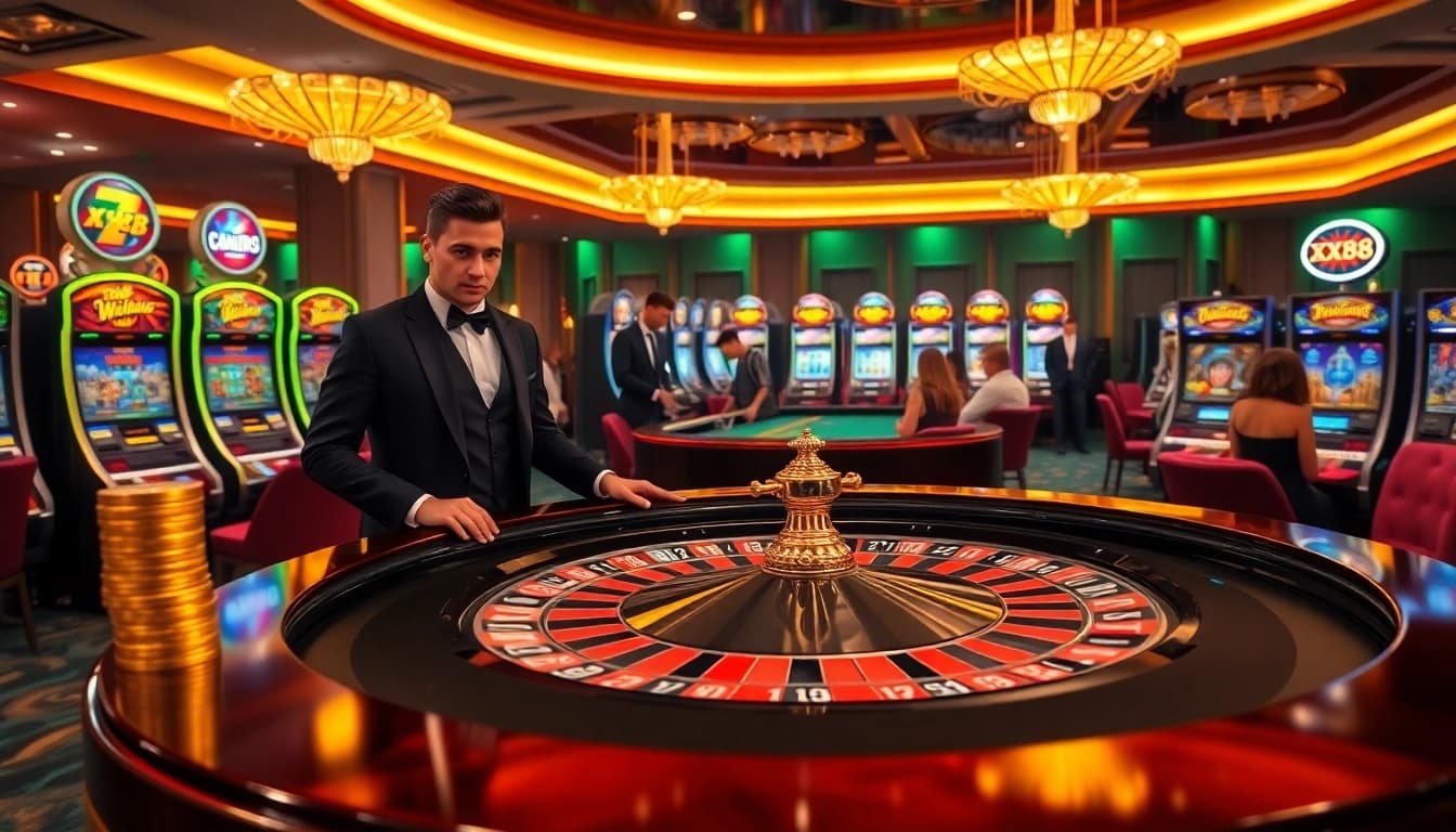 Engage in thrilling games at xx88 casino with vibrant roulette tables and elegant players.