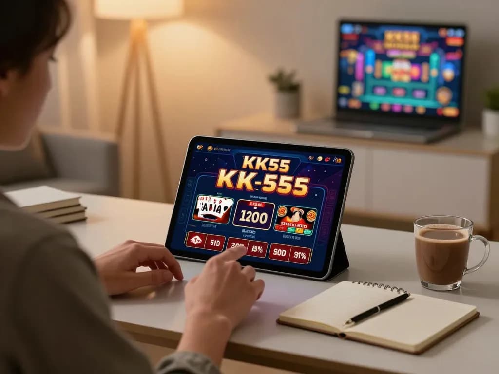 Person playing on the KK55 app in a stylish home workspace, illustrating online gambling experience