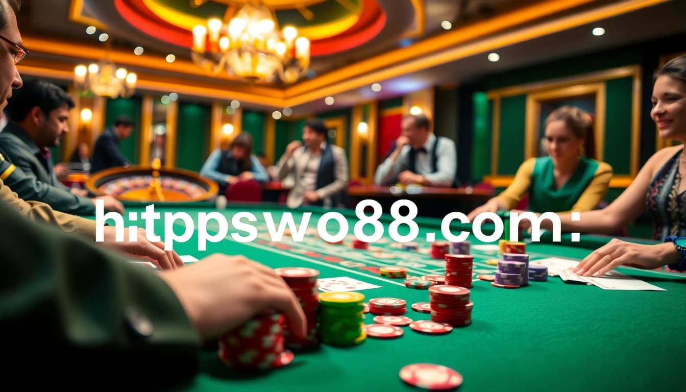 Engaging casino scene at https://fnew88.com/ featuring an exciting poker table with vibrant chips and cards.