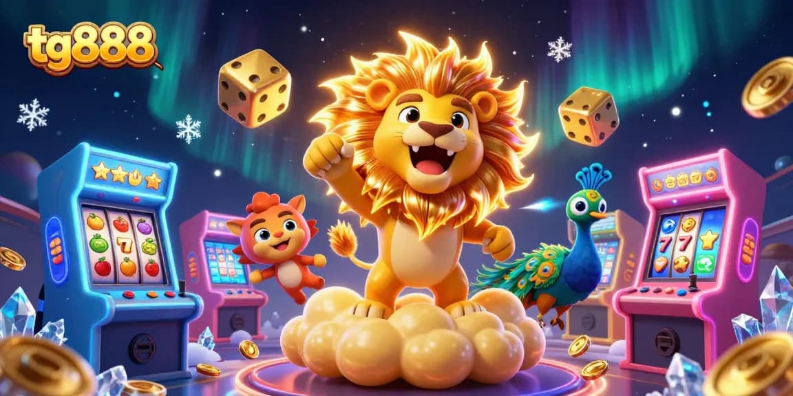 Experience thrilling gaming at tg888 with vibrant casino elements surrounding a cartoon lion.
