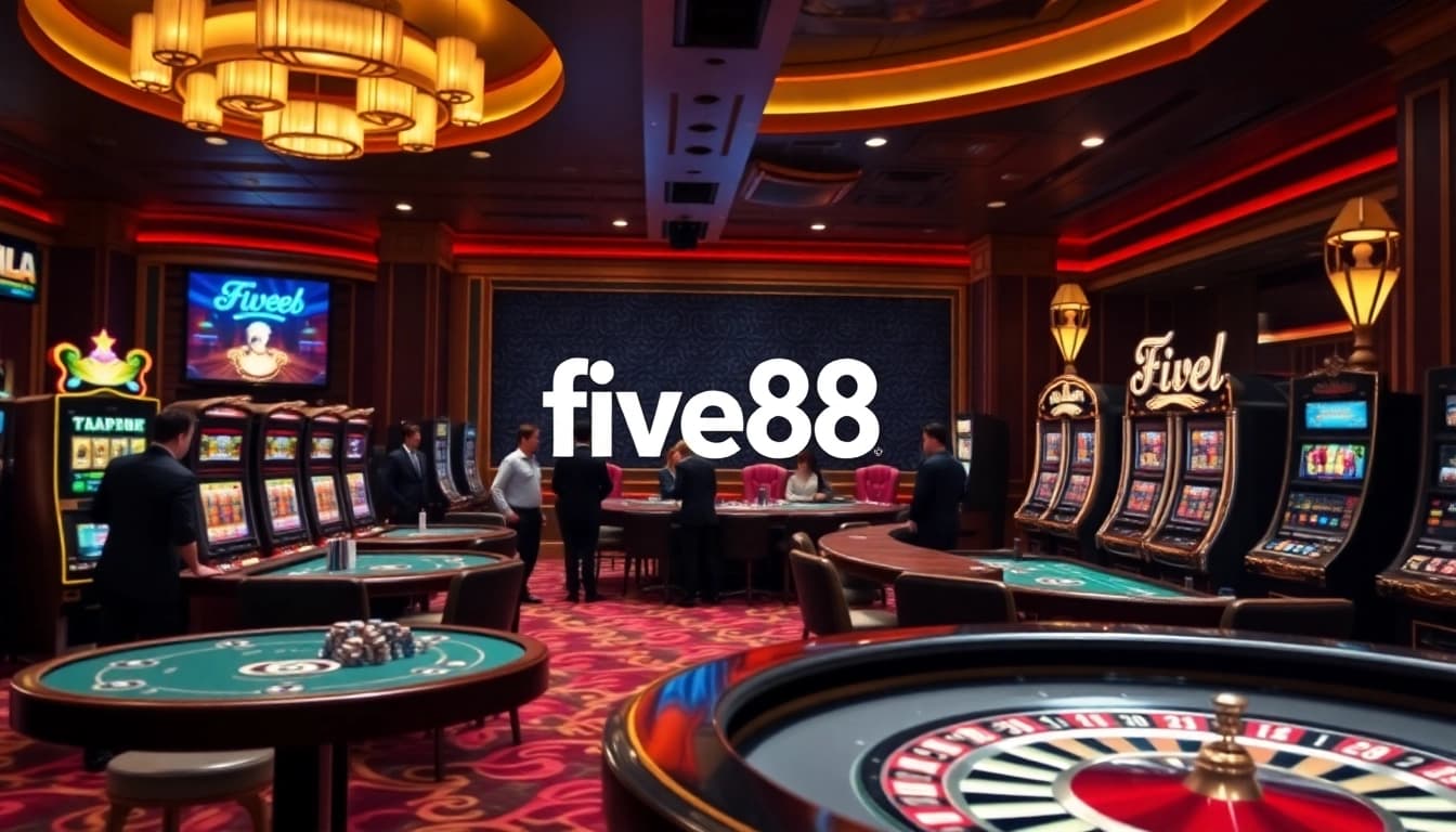 Experience the excitement of five88 with luxurious casino tables and vibrant slot machines.