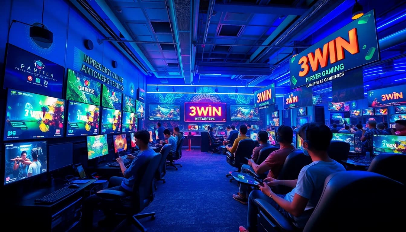 3WIN immersive gaming environment with players engaged in a vibrant gaming setup.