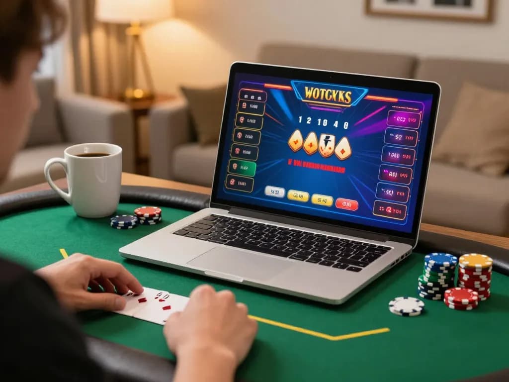 Player enjoying poker on kubet79 platform in a cozy home setting, showcasing immersive online gambling experience.