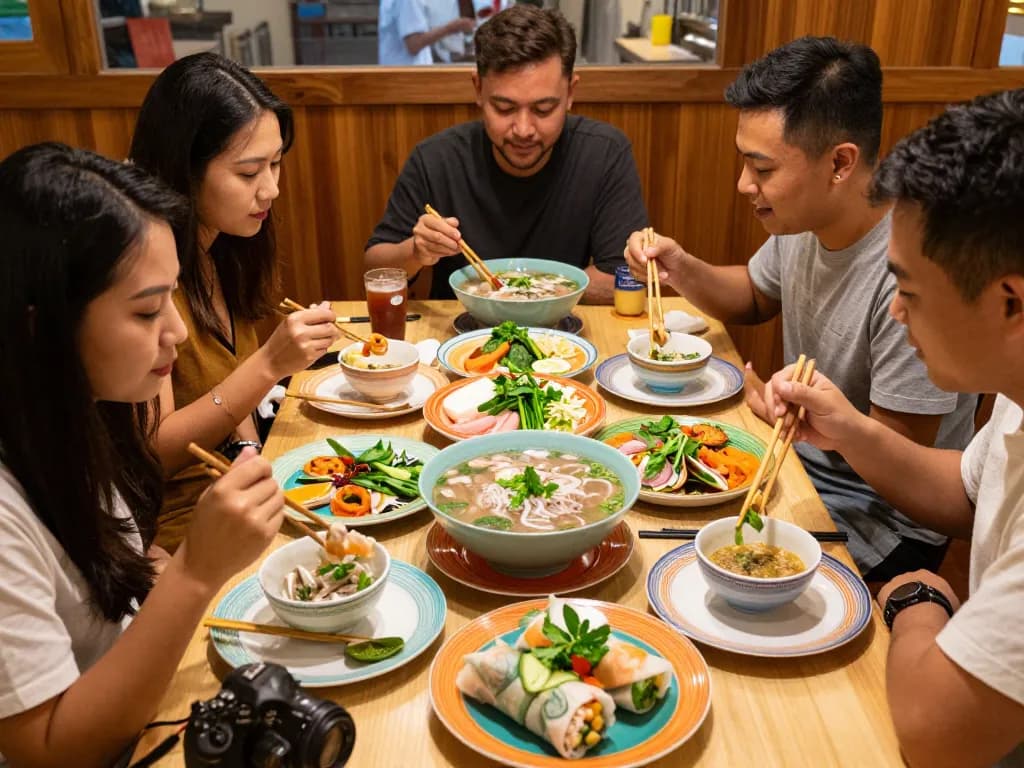 Delightful dining experience showcasing dishes from https://www.saigoncafesterling.com/menus with vibrant pho and spring rolls in a warm restaurant setting.