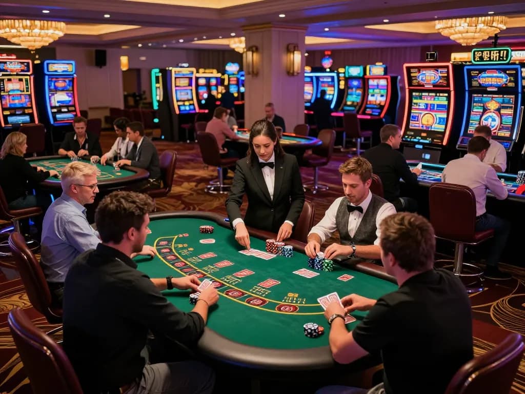 Engaging scene of taixiusunwin.art casino floor with players in action at poker tables, dynamic atmosphere of gaming excitement.