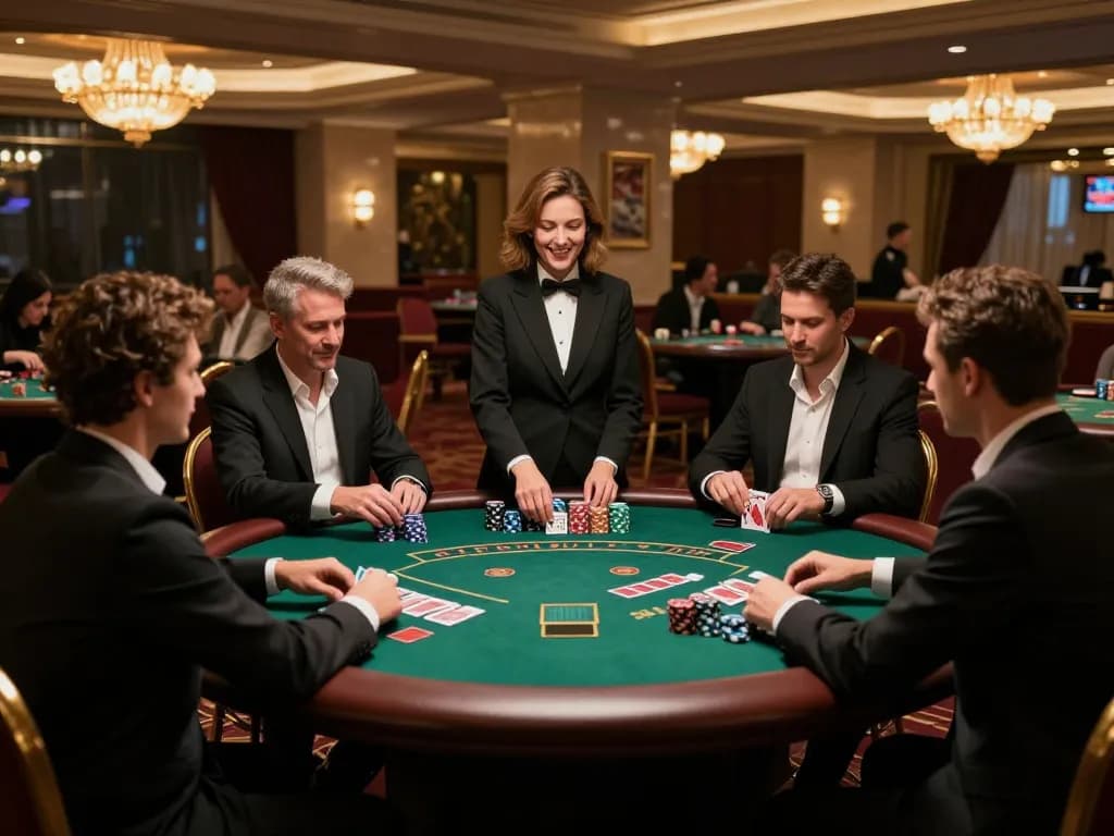 mb66 players strategically placing bets at a luxurious blackjack table in a vibrant casino atmosphere