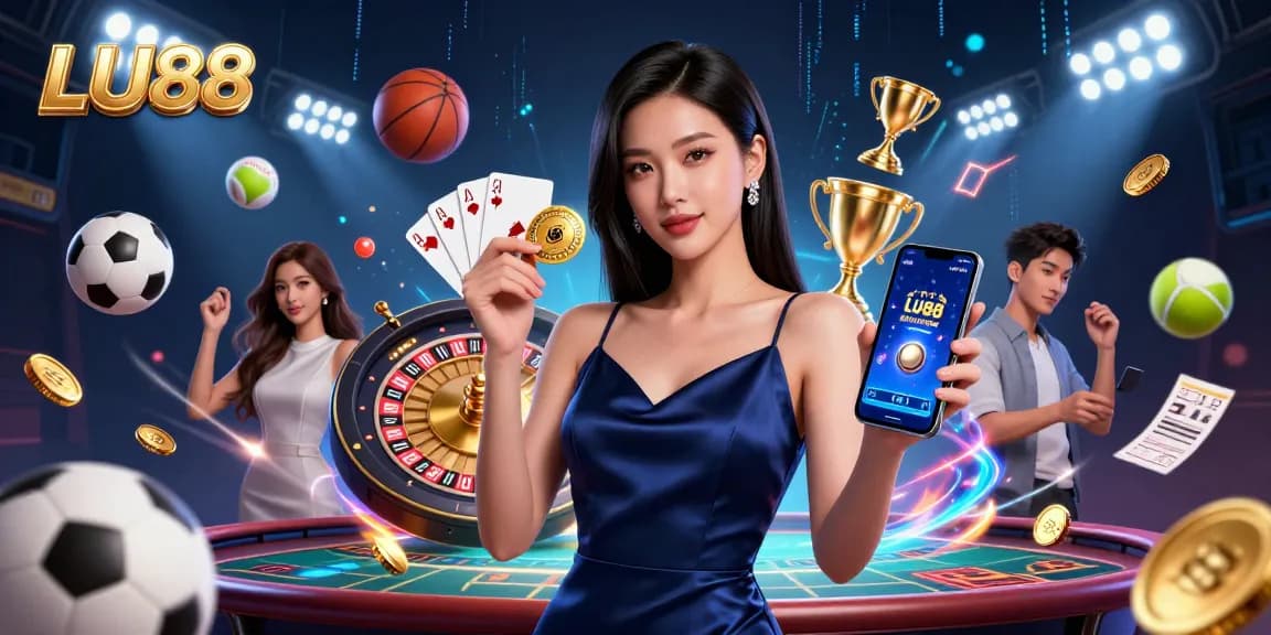 LU88 captivates gamblers with a vibrant casino scene featuring an Asian woman holding gaming chips and a smartphone.