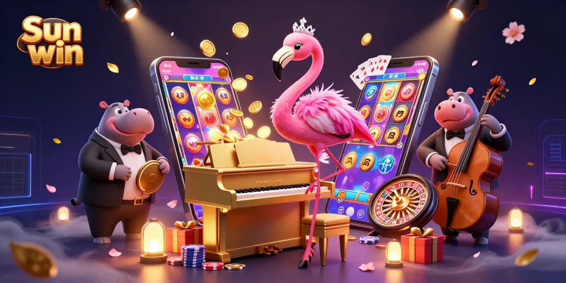 Sun win sparks excitement with a vibrant casino scene featuring a flamingo singer and hippo bassist.