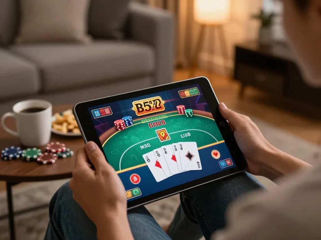 B52club chơi game trên máy tính bảng trong một không gian ấm cúng với các chiến thuật chơi.