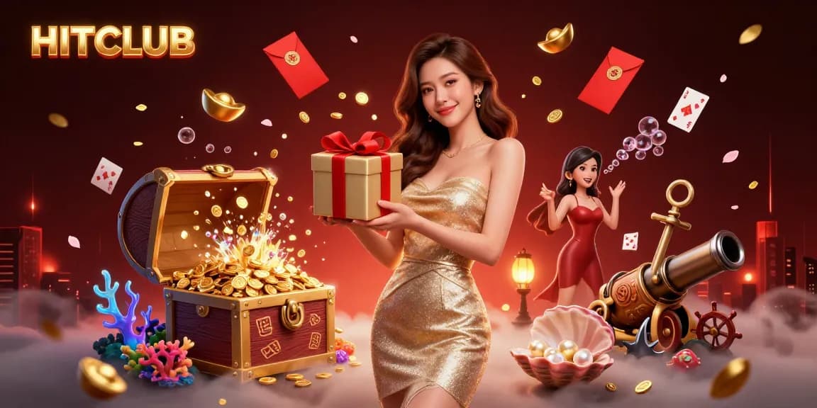 Experience HITCLUB's vibrant casino atmosphere with golden coins and festive themes.