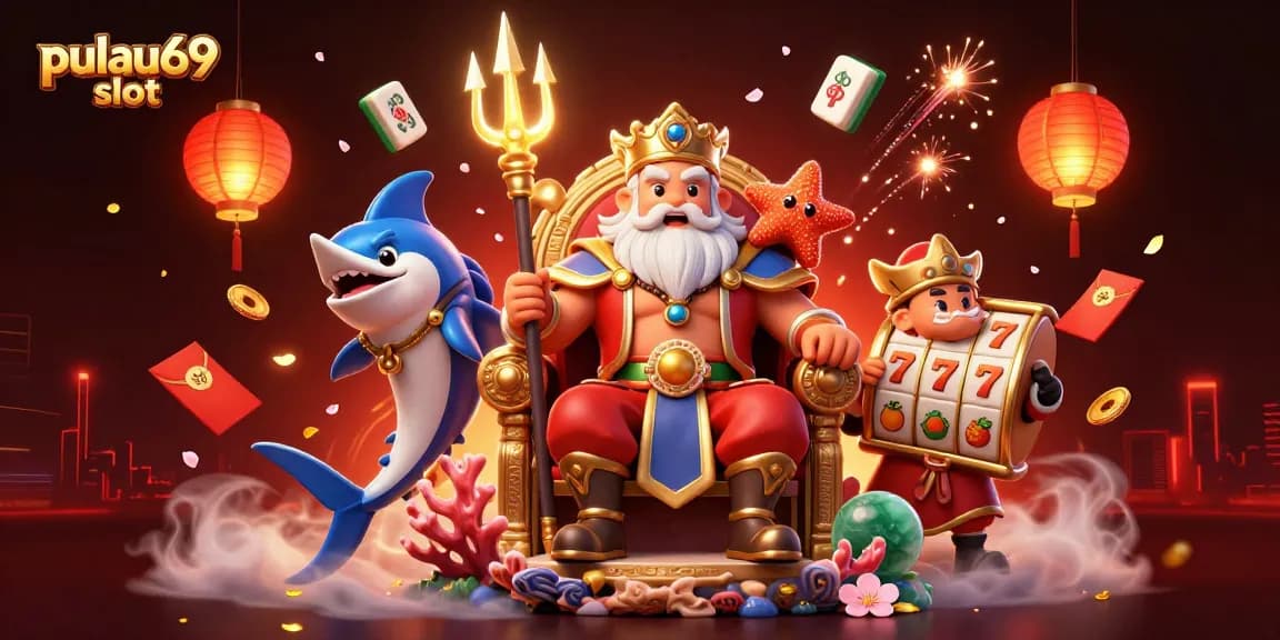 Win big with pulau69 slot as Neptune and friends celebrate in a vibrant casino scene.