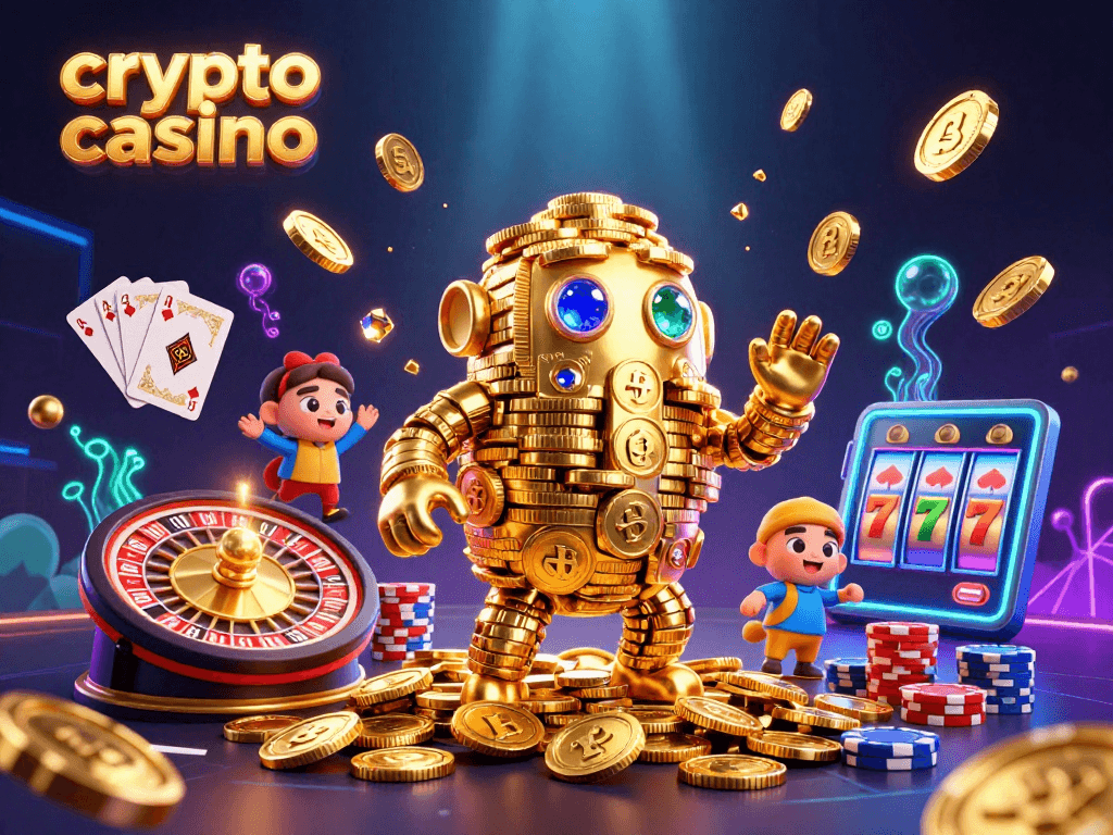 Engage with the vibrant world of a crypto casino featuring a golden golem and casino elements.