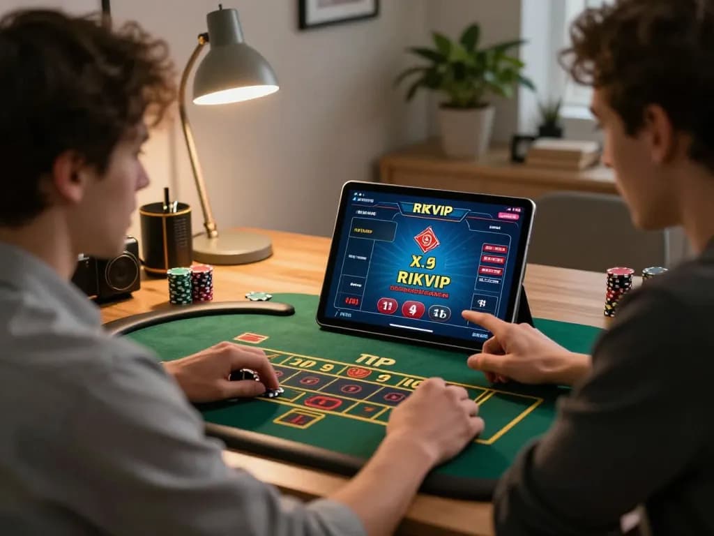 Player engaged in RIKVIP online gaming on tablet in cozy home setting with strategic focus