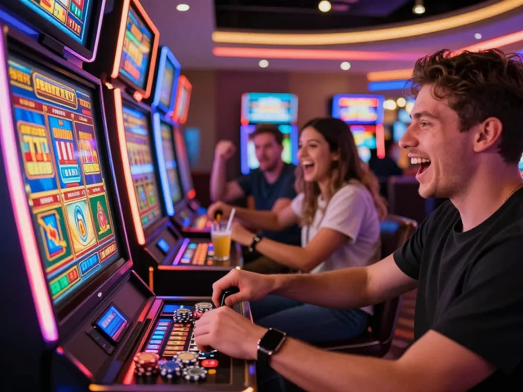 Exciting slot gacor hari ini scene in a lively casino with players celebrating new wins and bright lights.